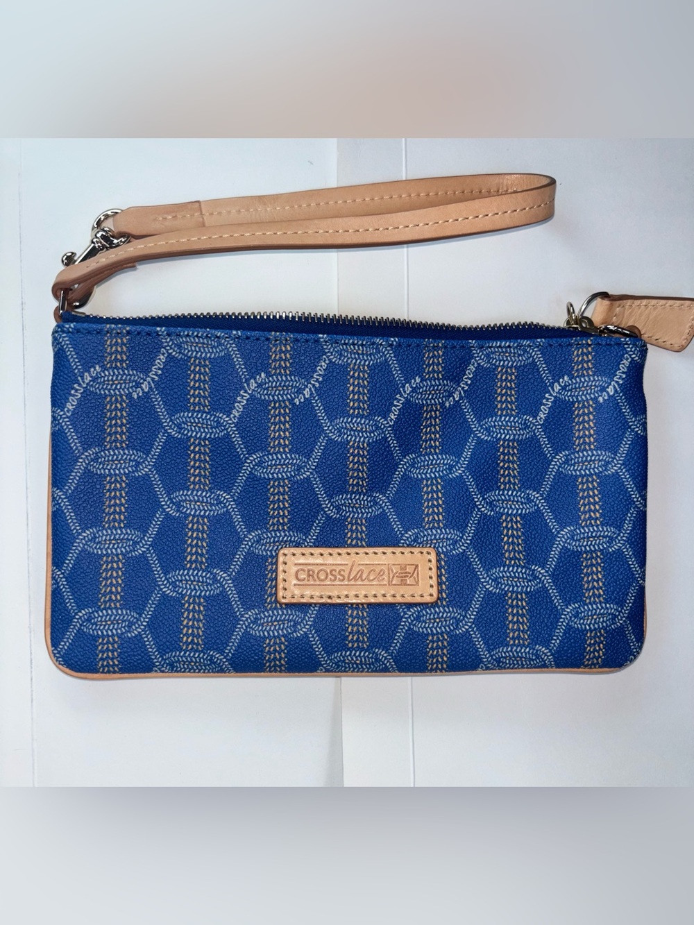 Crosslace Blue Pattern Wristlet Clutch with Tan Trim